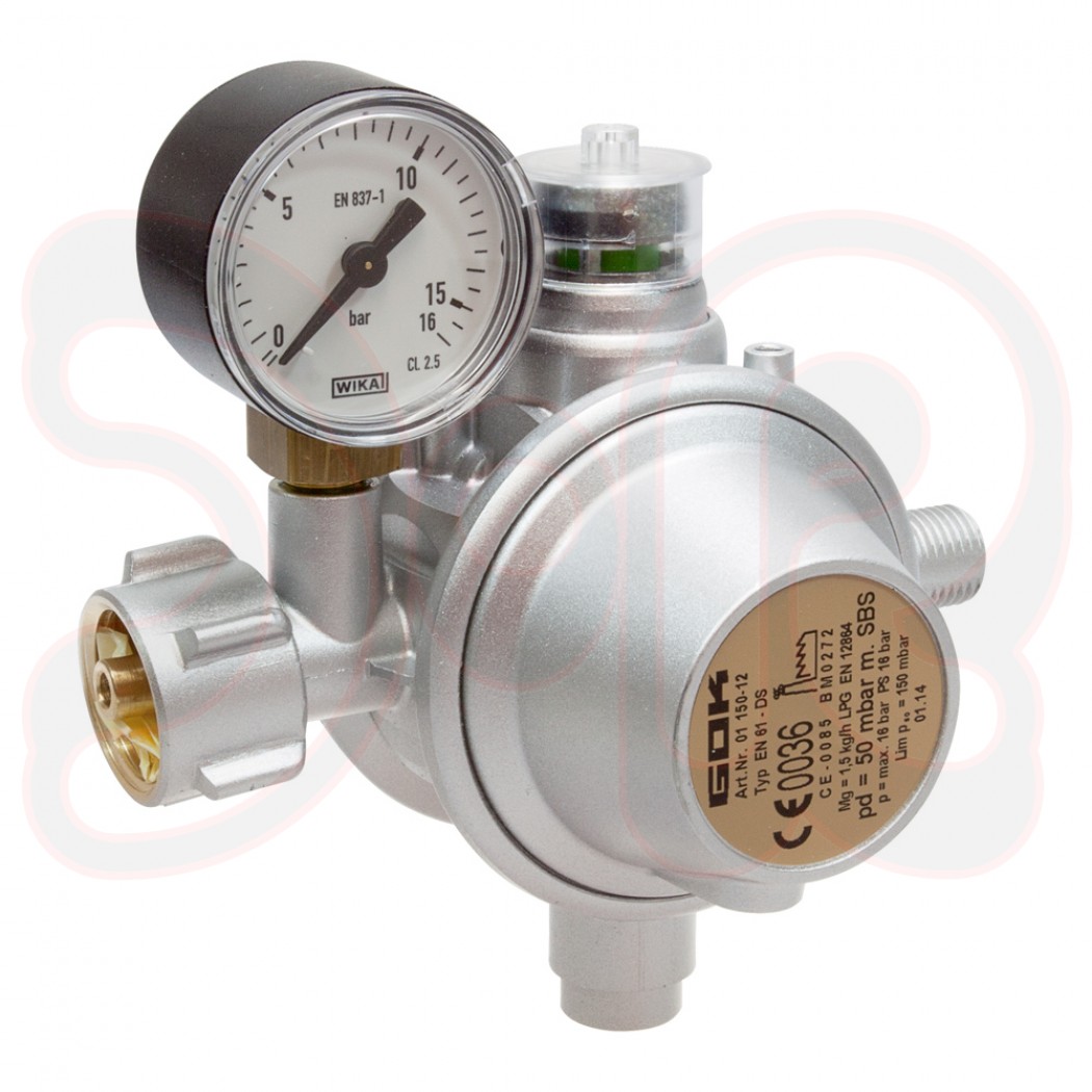 Druckregler mit Manometer, SBS für Propan 50 mbar, Leistung 1,5kg/h KLF x G 1/4 LH-KN