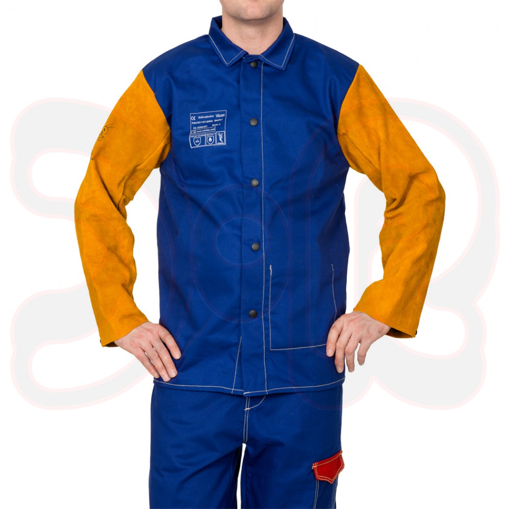 WELDAS Yellowjacket Schweißerjacke blau-gelb, flammenresistent, Rindvollleder, 81 cm Länge, Gr. L
