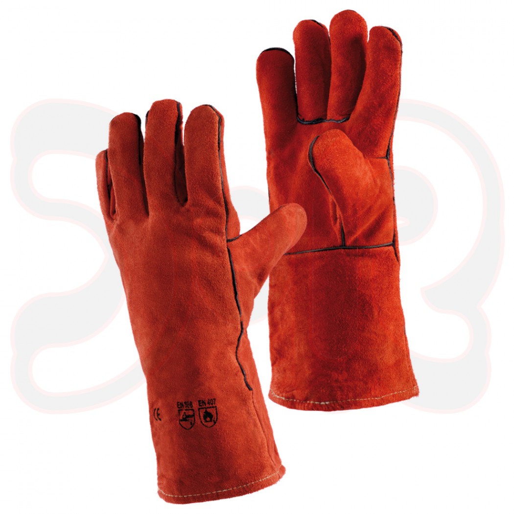 5-Finger-Handschuh, Länge 350 mm, Hitzeschutz bis 250°C, Spalt-Leder, rot, mit Isolierung, Gr. 11